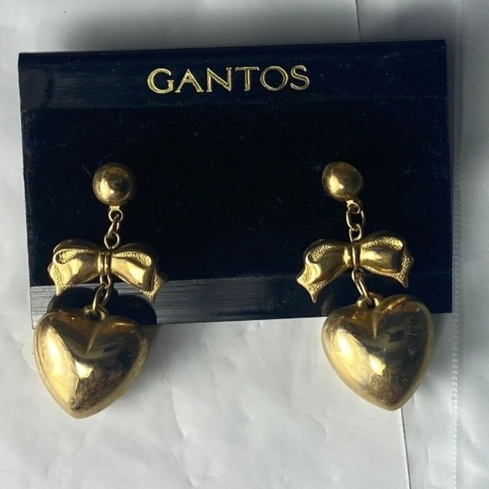 GANTOS Gold Tone Heart Dangle‎ Earrings Bow Accent